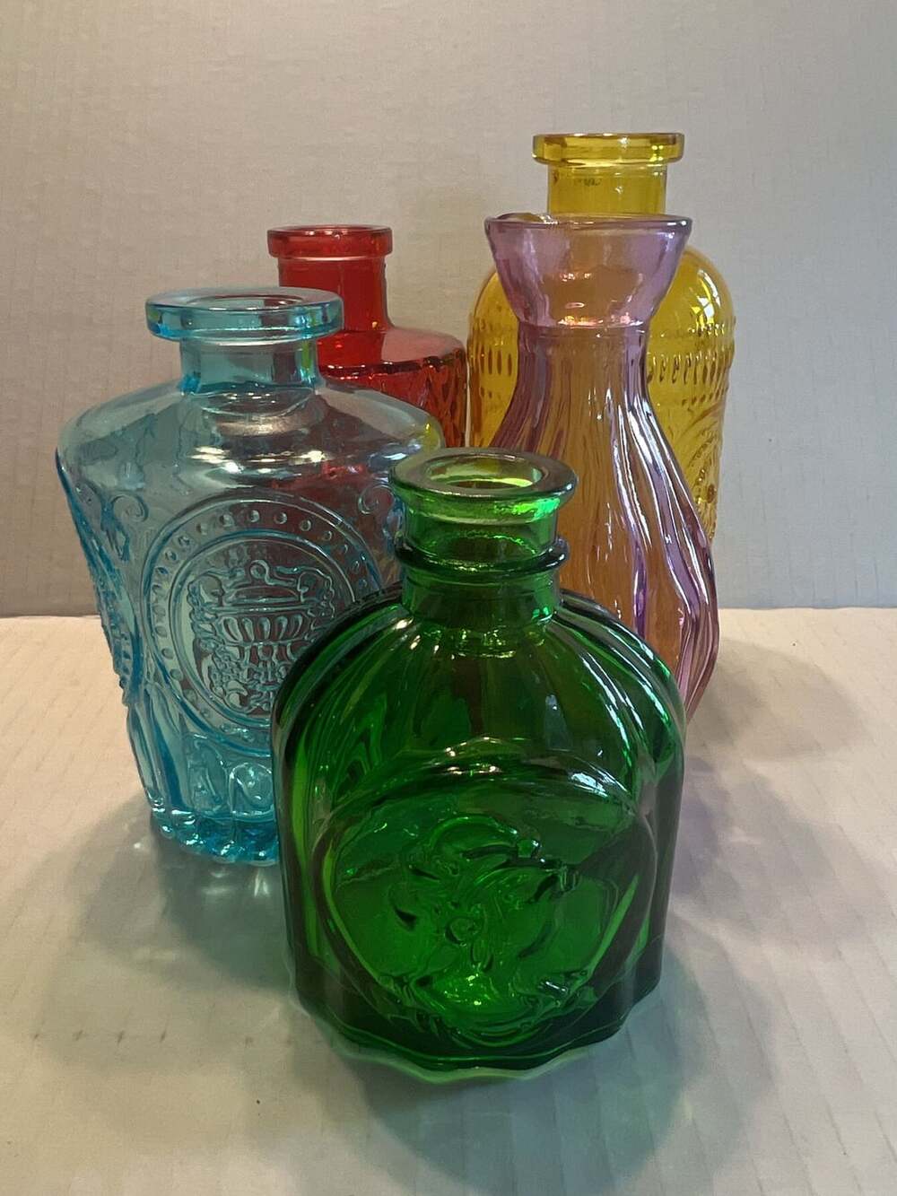 Vintage Style Embossed Colored Glass Bud Vases Assorted Set of 5
